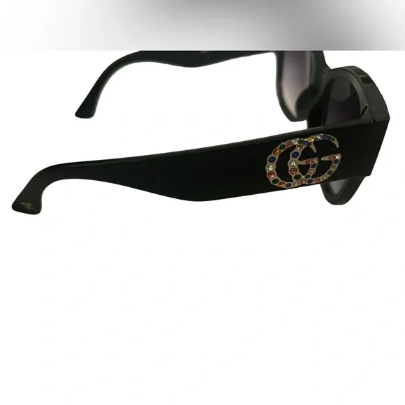 Black Semi Cat Eye Sunglasses with Purple Lenses - Rhinestones & Gold Emblems - Picture 4 of 10